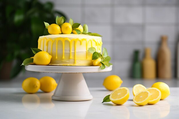 bolo de limão exibido em um pedestal de bolo com ervas frescas para um pop de verde