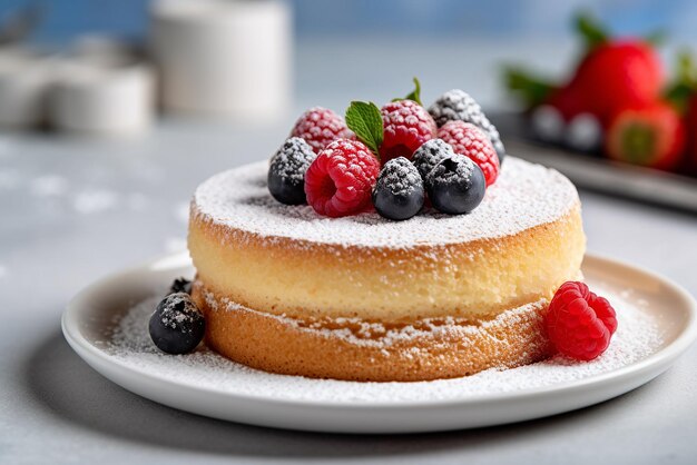 Bolo De Ló De Baunilha Clássico Com Frutas Frescas Em Prato Branco Delícia Caseira Em Fundo De Madeira Claro