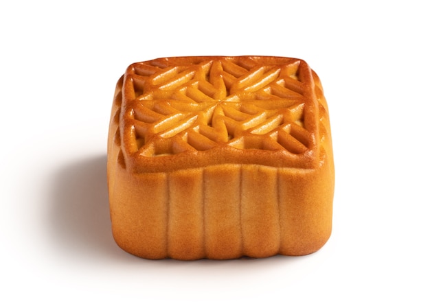 Bolo de lua delicioso pastelaria mooncake para comida de Mid-Autumn Festival isolada no fundo da mesa branca.