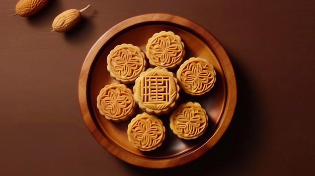 Bolo de lua e bule de chá para o conceito do Festival do Meio Outono da tradicional comida chinesa festiva