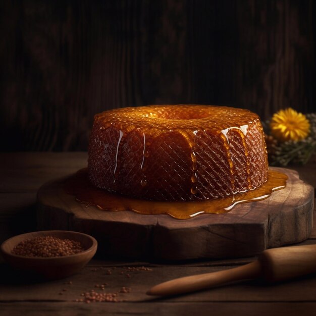 Bolo de mel com mel e creme branco Copiar espaço IA generativa