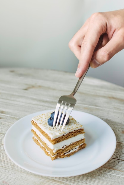 Bolo de mel com mirtilo em um pires com um garfo