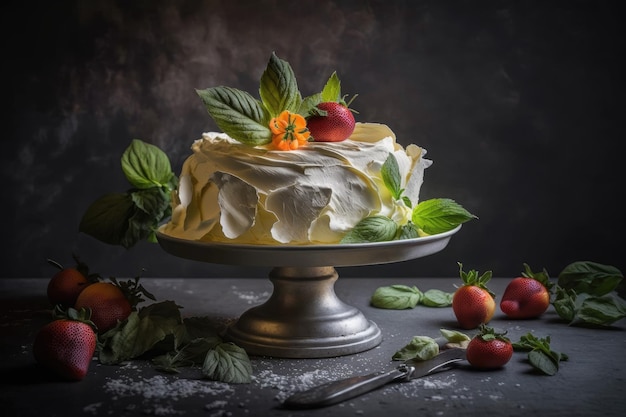 Bolo de merengue amarelo claro com morangos frescos e folhas