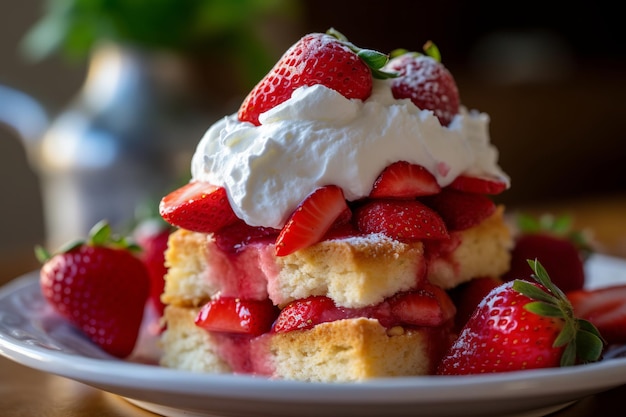 Bolo de morango com morangos frescos e chantilly empilhados em cima Generative ai