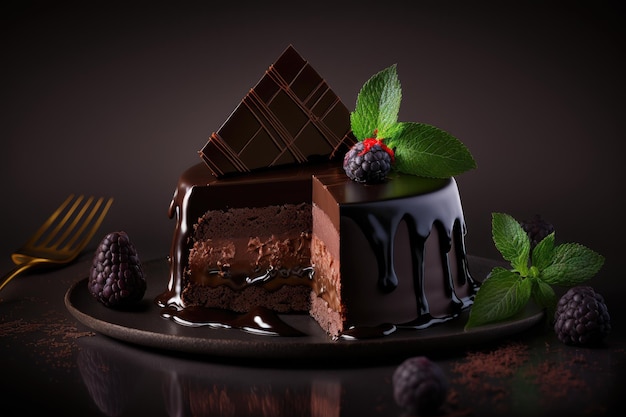 Bolo de mousse de chocolate Bordeaux em fundo escuro criado com generative ai