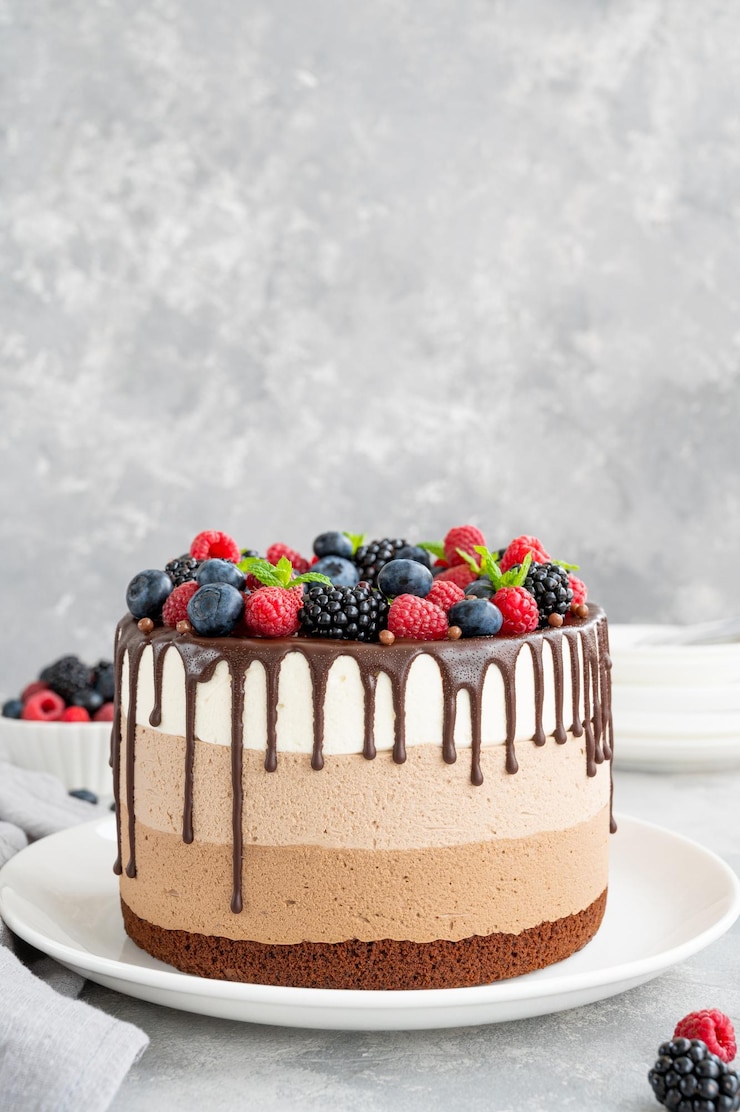 Foto bolo de mousse de chocolate três com cobertura e frutas bolo com três camadas de sabor diferente