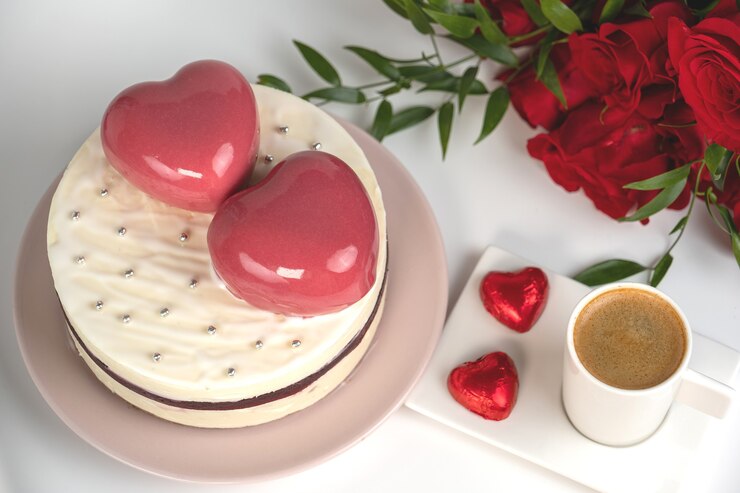 Foto bolo de musse em esmalte branco com dois grandes corações rosa