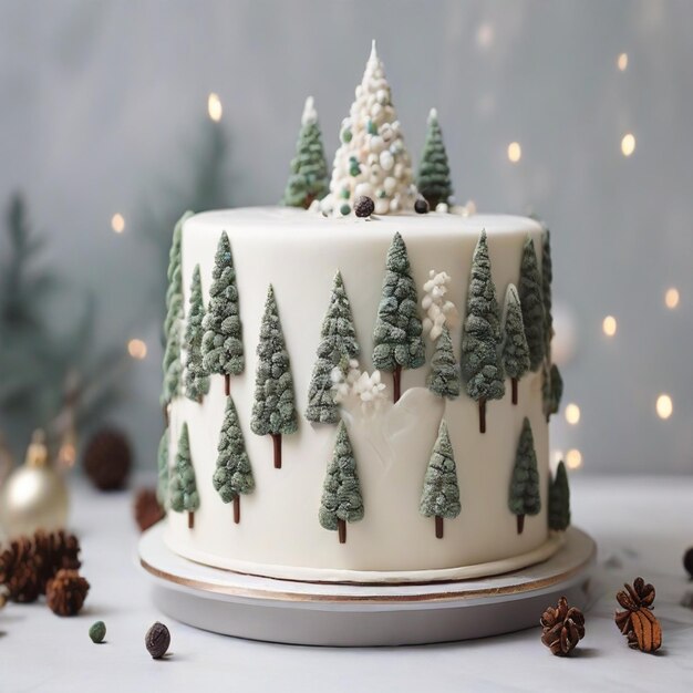 bolo de Natal branco com pequenas árvores ao lado