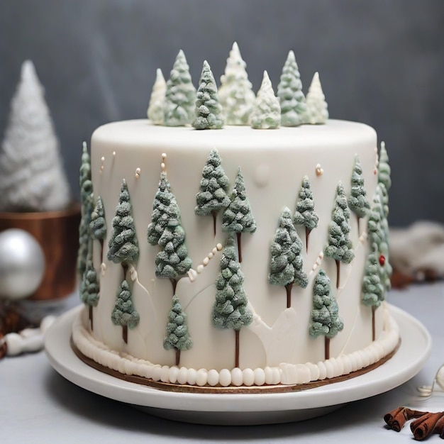 Foto bolo de natal branco com pequenas árvores ao lado