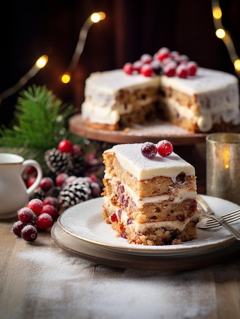 bolo de Natal com bagas e flocos de neve