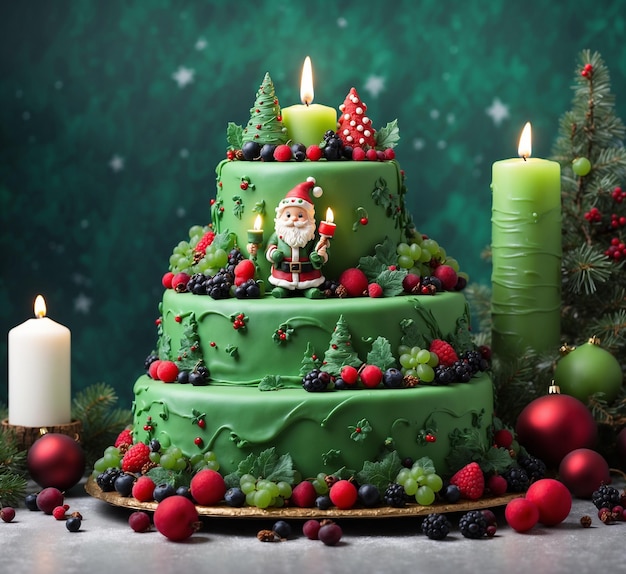 bolo de Natal com bagas, velas e árvore de Natal em fundo verde