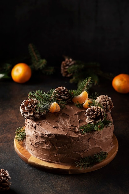 Bolo de natal com chocolate decorado com pinhas e pinheiro, imagem de foco seletivo