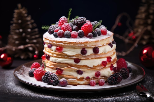 bolo de Natal em camadas com bagas e creme