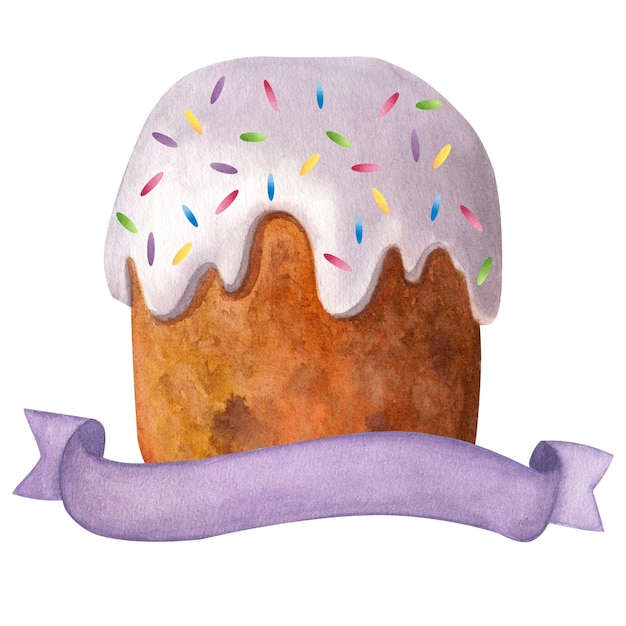 Bolo de Páscoa com cobertura de frutas cristalizadas Fita roxa para texto Ilustração em aquarela desenhada à mão isolada
