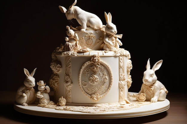 bolo de Páscoa com coelho branco e ovos de chocolate em um fundo escuro