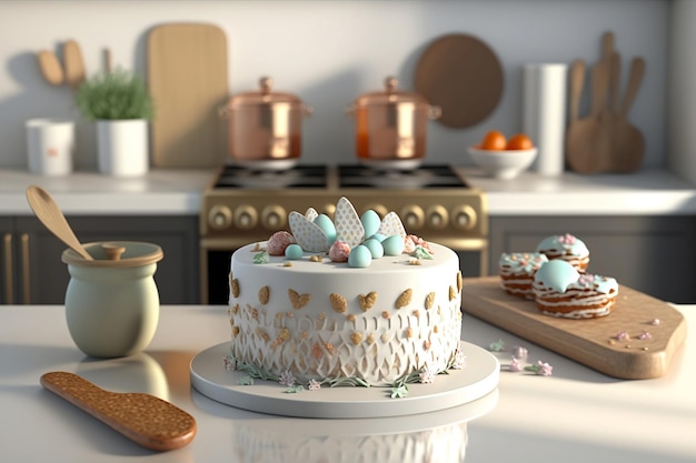 Bolo de Páscoa com ovos na cozinha branca fundo da manhã de Páscoa