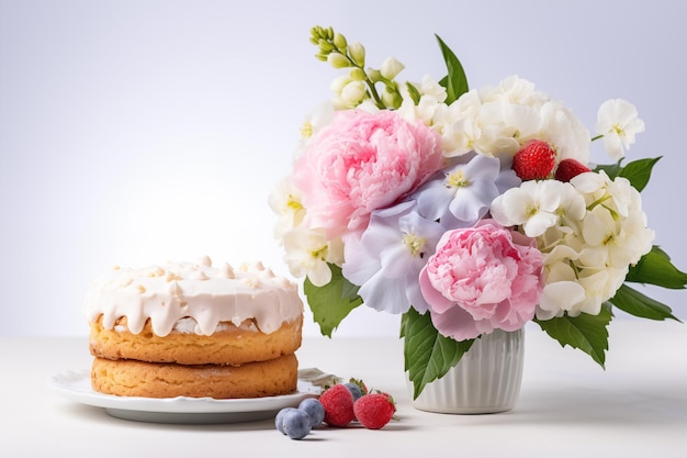 bolo de Páscoa e ovos em fundo branco com buquê de flores Feliz Páscoa