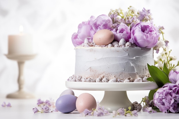 bolo de Páscoa e ovos em fundo branco com buquê de flores Feliz Páscoa