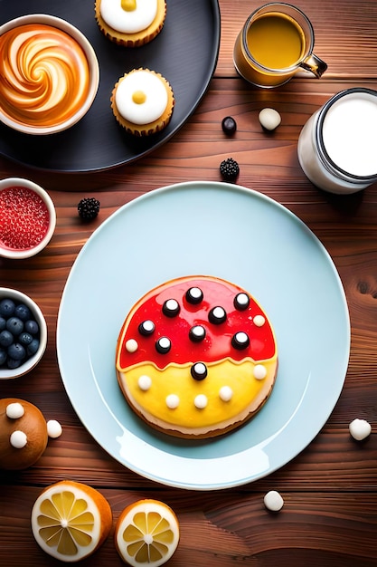 bolo de queijo colorido com cobertura de frutas na mesa de madeira