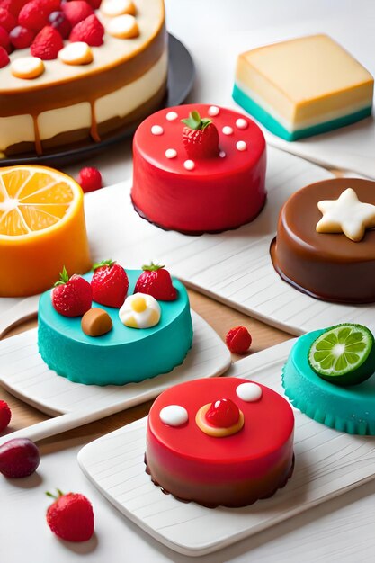 bolo de queijo colorido com cobertura de frutas na mesa de madeira