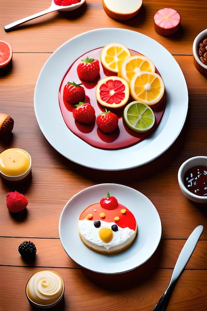 bolo de queijo colorido com cobertura de frutas na mesa de madeira