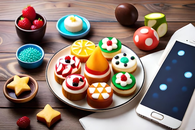 Foto bolo de queijo colorido com cobertura de frutas na mesa de madeira