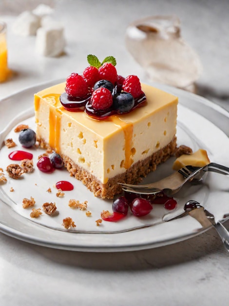 Bolo de queijo com top de frutas na chapa branca