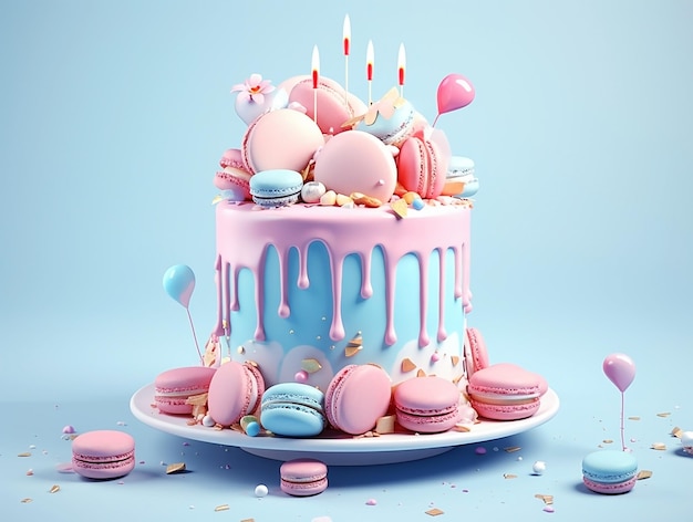 Bolo de revelação de gênero gerado por IA Sobremesa azul e rosa com macarons e velas