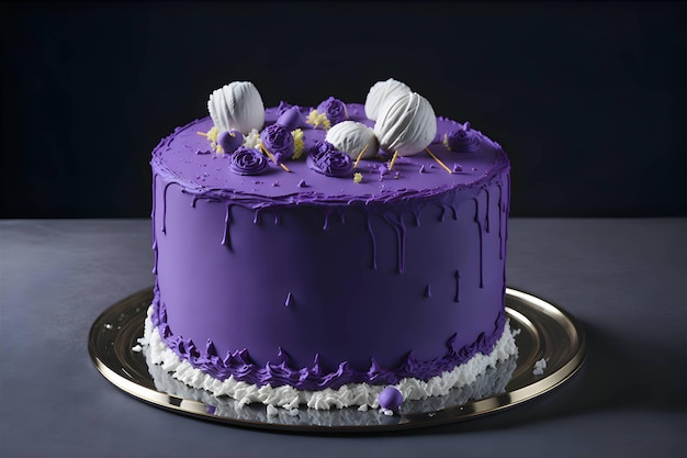 Bolo de várias camadas de feliz aniversário com glacê roxo e