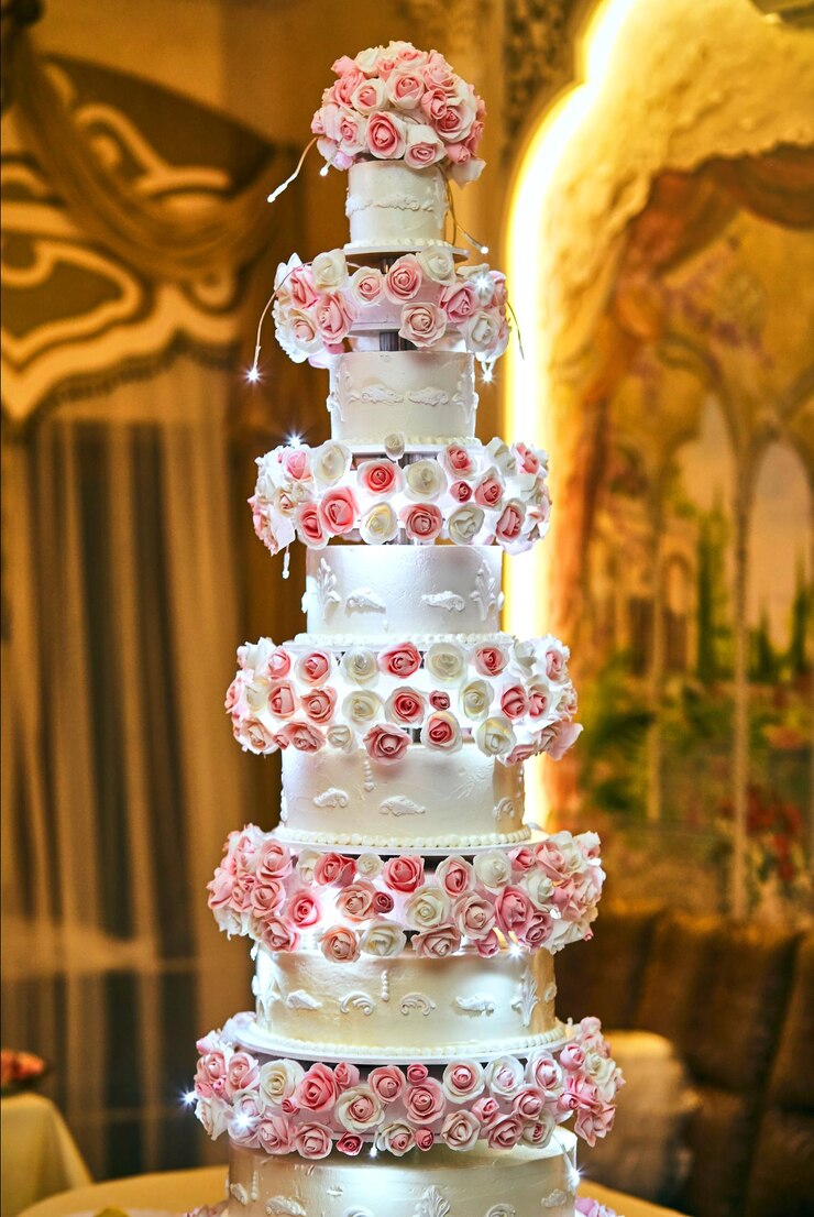Bolo de vários andares festivo de casamento lindo em tom branco