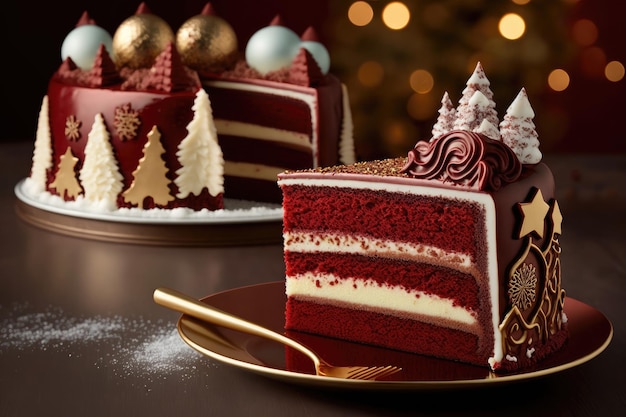 Bolo de veludo vermelho festivo de sobremesa de Natal com decoração de chocolate criado com ge