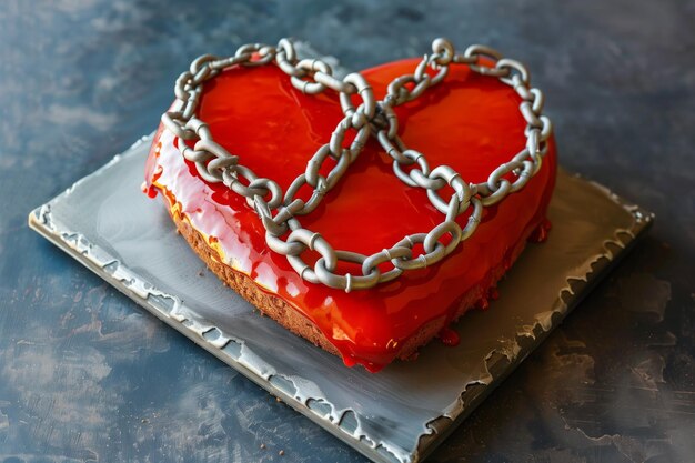 bolo em forma de coração com cadeias comestíveis drapeadas sobre ele