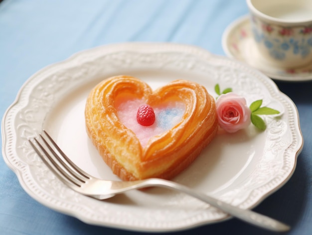Bolo em forma de coração em um prato com um garfo em um fundo de madeira