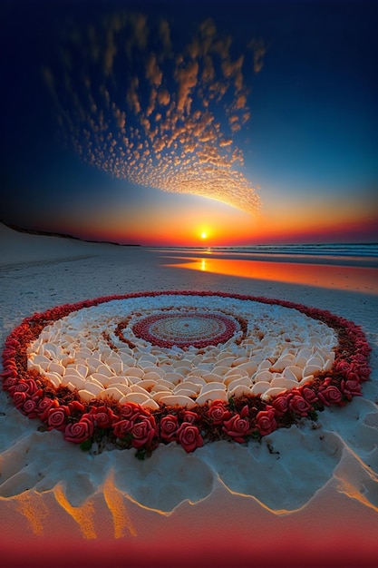 Bolo em forma de coração sentado em cima de uma praia de areia Generative Ai