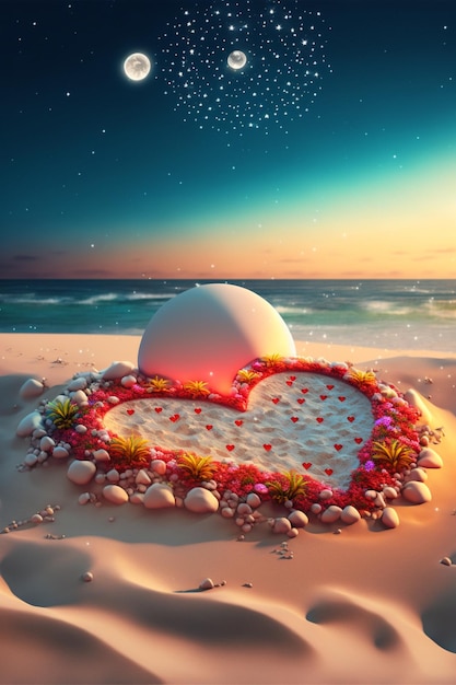 Bolo em forma de coração sentado em cima de uma praia de areia Generative Ai