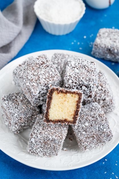 Bolo Lamington australiano em cobertura de chocolate e flocos de coco em um prato branco Foco seletivo