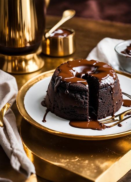 Bolo Lava de Chocolate com chocolate líquido ganache de chocolate escorrendo quando cortado em uma