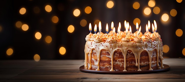 Bolo lindo de aniversário AI generativo com banner de frutas e velas para parabéns