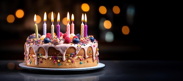 Bolo lindo de aniversário AI generativo com banner de frutas e velas para parabéns