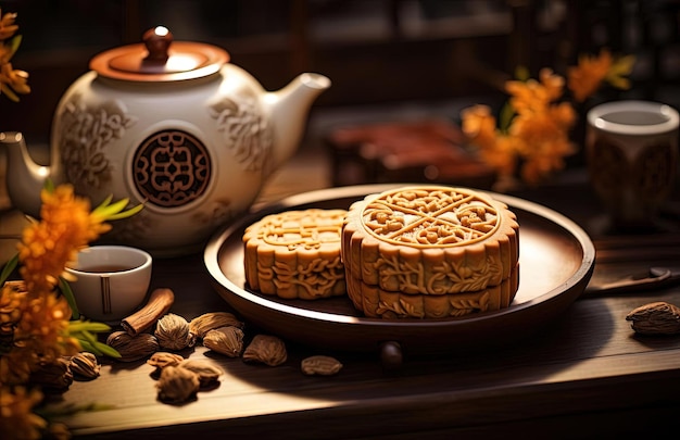 bolo lunar do ano novo chinês com chá em uma xícara em cima da mesa no estilo de motivos inspirados na natureza