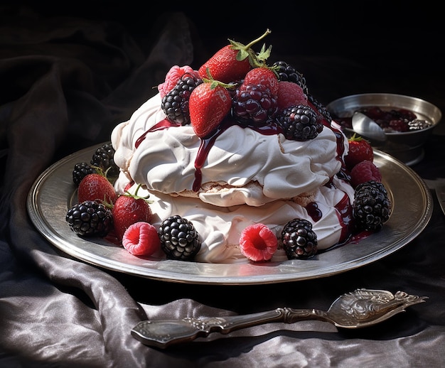 Foto bolo merengue pavlova com frutas frescas