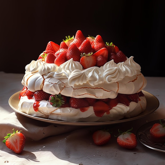 Foto bolo merengue pavlova com morangos frescos