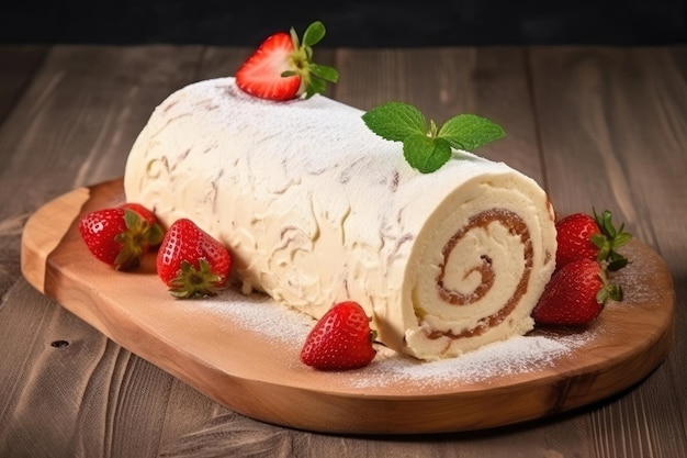 Bolo Pavlova de rolo de merengue com creme e frutas frescas na bandeja de madeira