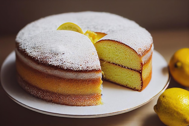 Bolo redondo de limão com açúcar de confeiteiro e geléia no prato na mesa