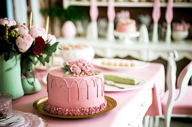 Bolo rosa vintage elegante na mesa de festa de aniversário e decorações