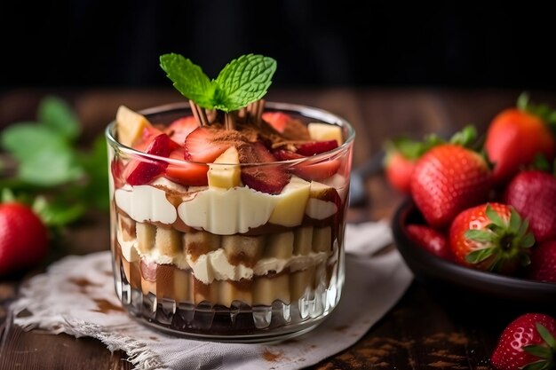 Bolo tiramisu com morangos e hortelã em fundo escuro