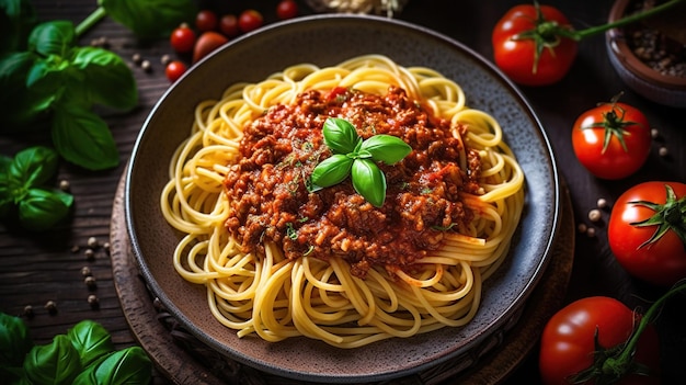 Boloñesa de espaguetis italianos con salsa de tomate y carne Copiar espacio Generativo Ai