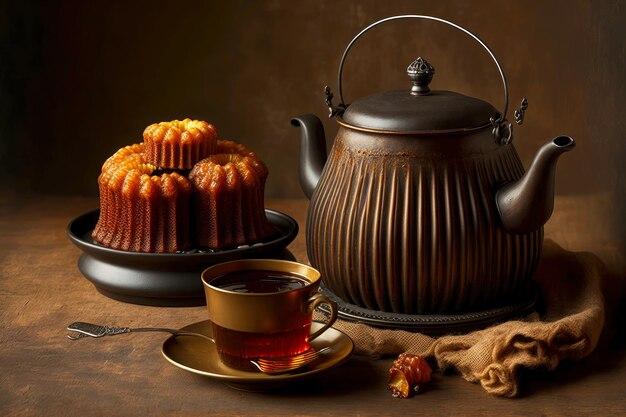 Bolos Canele em tigela preta ao lado de xícara de chá e bule marrom