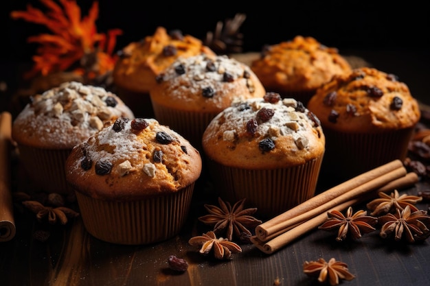 Bolos caseiros de outono ou cupcakes com nozes e especiarias atmosfera aconchegante do outono