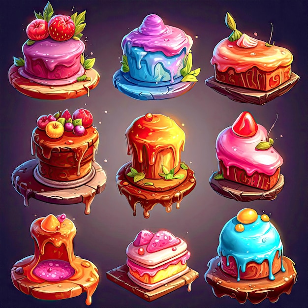 Bolos coloridos com creme e bagas diferentes sabores cores suculentas no estilo de pintura Casual 2d